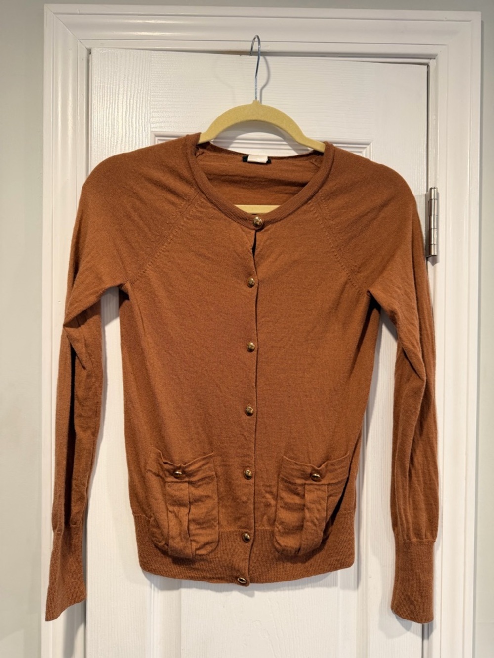 J. Crew Size XS Tan Brown Merino Wool Gold Button Pocket Cardigan Sweater